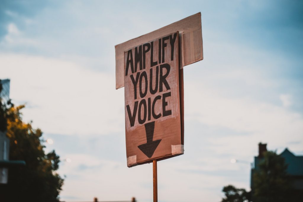 Demoschild "Amplify your Voice"