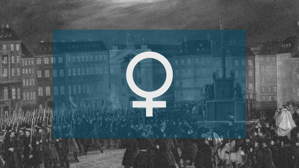 Das Symbol für Frauen in blauem Rechteck, Hintergrund ein Foto von der Revolution1848