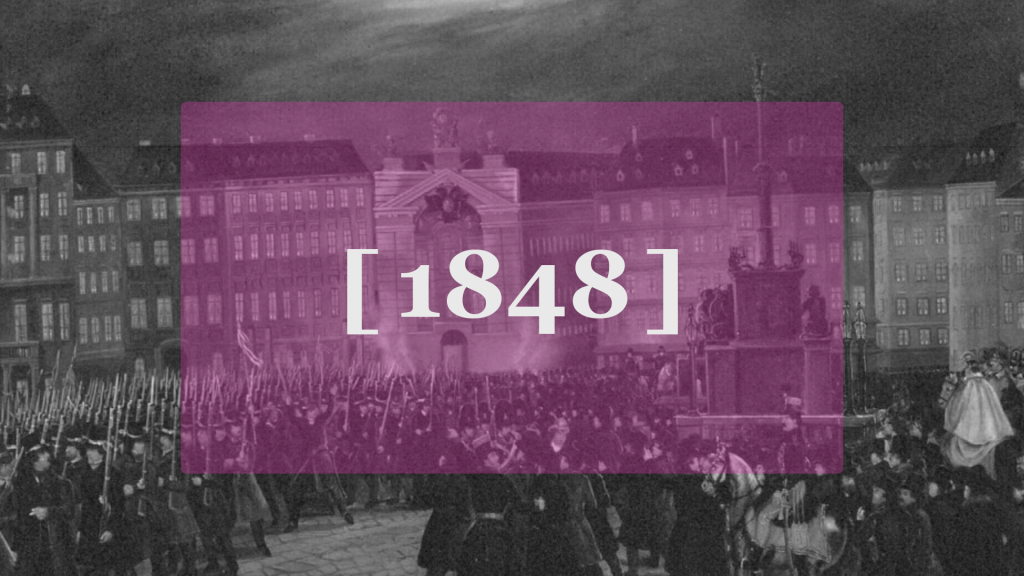 Die Zahl 1848 in pinkem Rechteck, Hintergrund ein Bild der Revolution von 1848