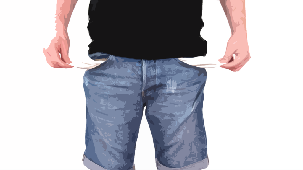Mensch mit Jeans, zieht die leeren Taschen mit den Händen aus der Hose