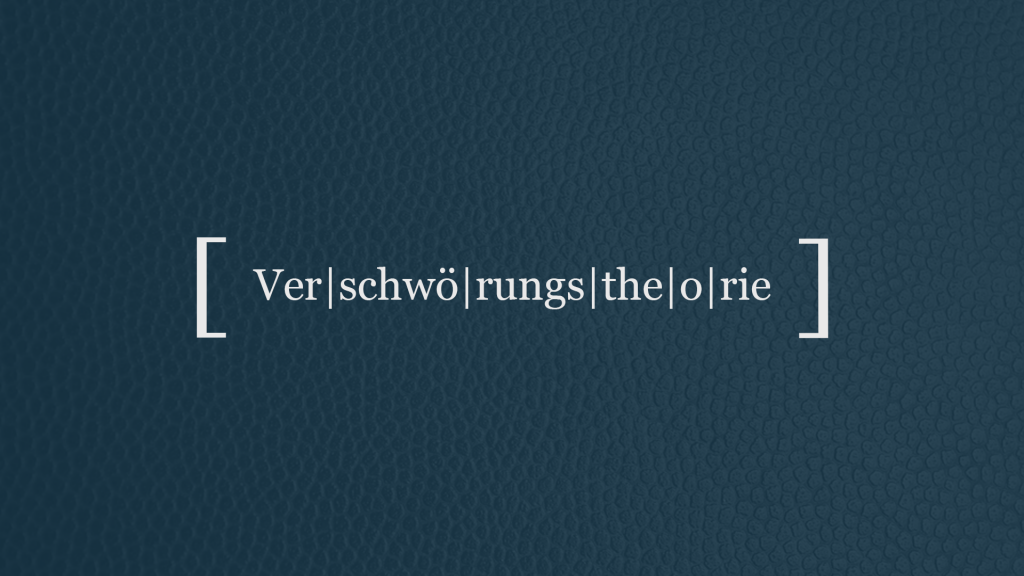 Das Wort Verschwörungstheorie in eckigen Klammern auf dunkelblauem Grund