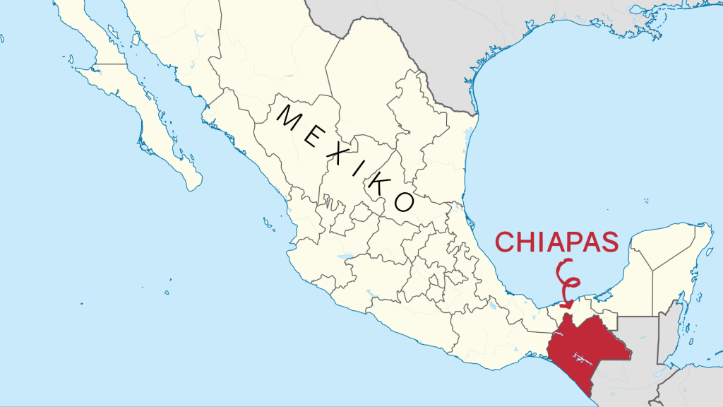 karte von Mexiko, die Region Chiapas im Süden ist rot markiert