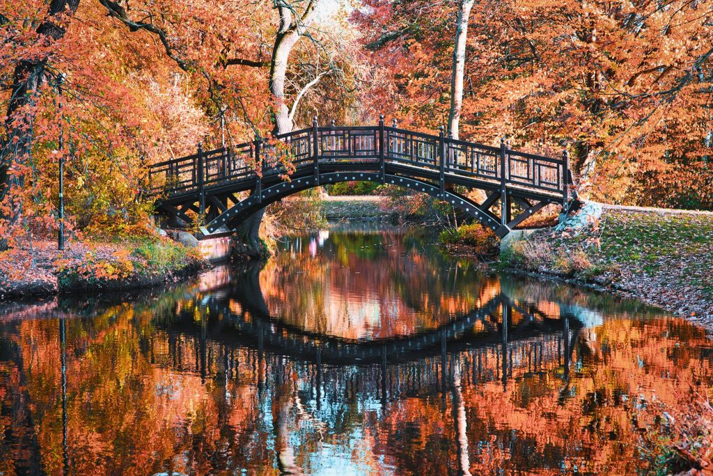 Brücke über einem Bach im Herbst