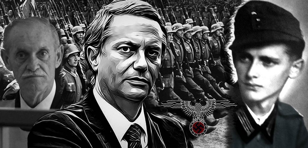 Fotomontage in schwarz-weiß, drei Persoenn, dahinter Nazi-Aufmarsch