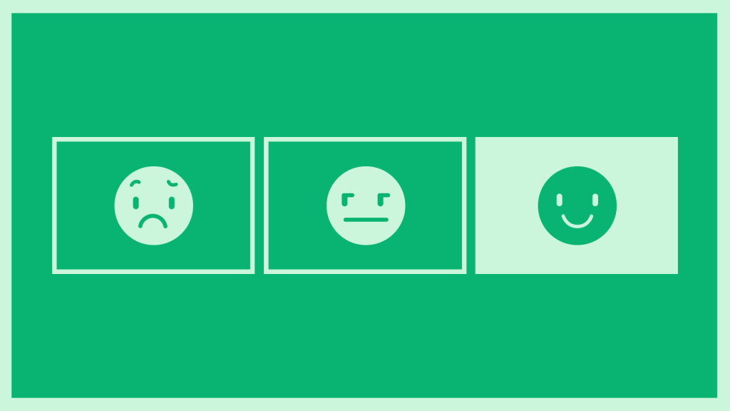 Grünes Bild mit 3 Smileys, einem traurigen, einem skeptischen und einem glücklichen