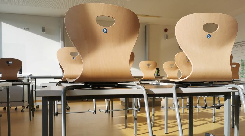 Sessel auf Tischen in einem Klassenraum