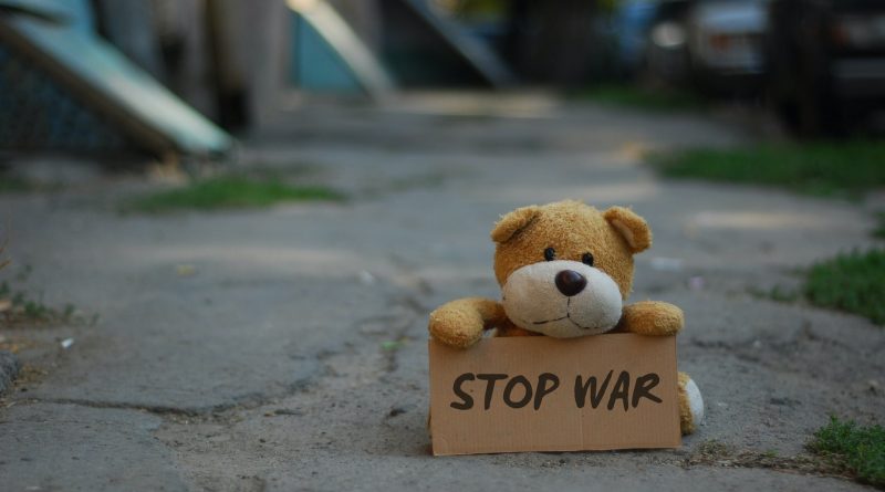 Teddybär hält Schild mit Aufschrift "Stop War"