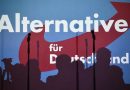 Plakat der AfD mit Schatten von Mikrofonständer im Vordergrund