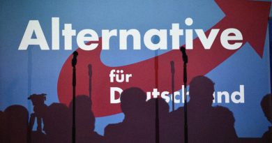 Plakat der AfD mit Schatten von Mikrofonständer im Vordergrund