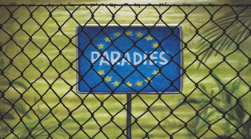 Strapenschild in blau mit EU-Sternen und Aufschrift "Paradies" hinter einem Maschendrahtzaun
