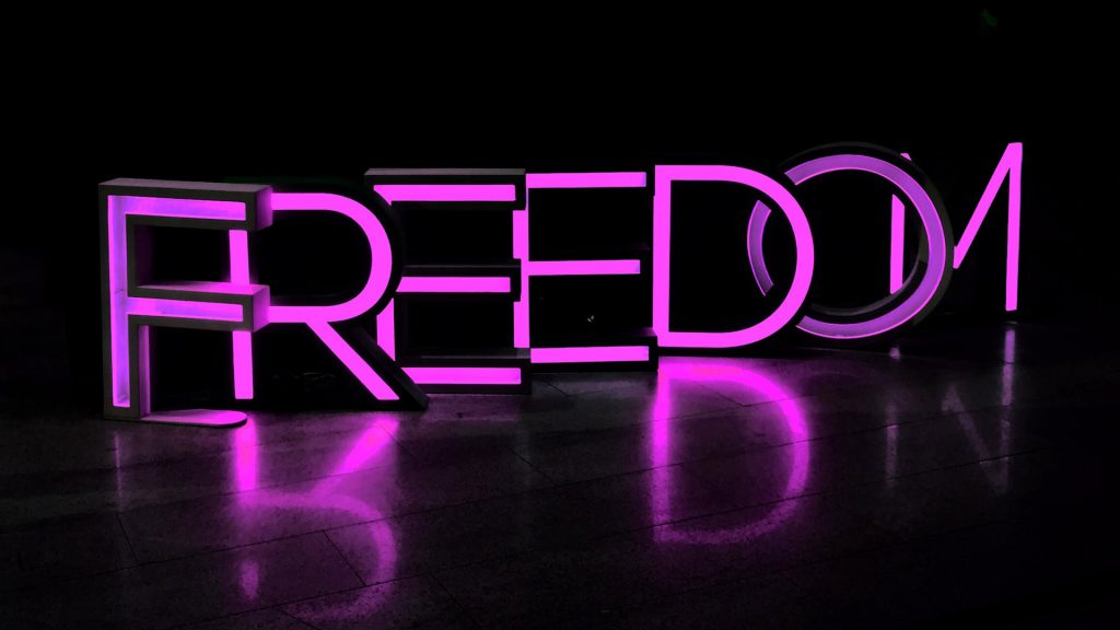 Das Wort "Freedom" in pinken Neon-Lettern