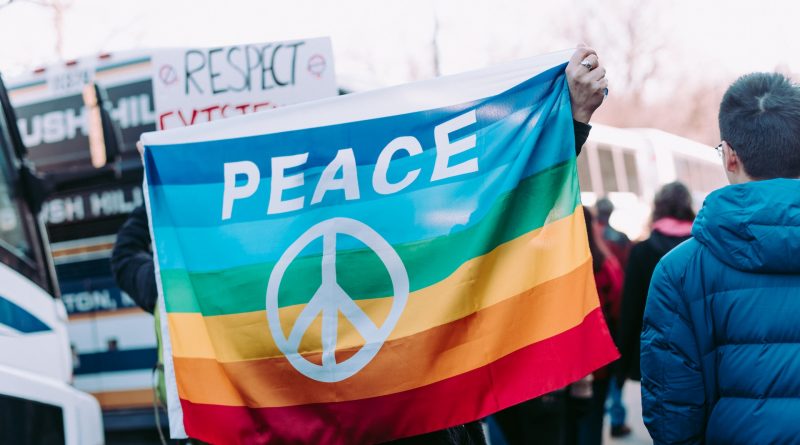 Regenbogenflagge mit Aufschrift PEACE und Peace-Zeichen
