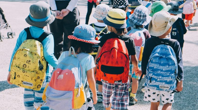 Kinder mit Schultaschen und Hüten auf dem Weg in die Schule