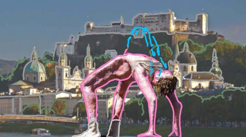 Illustration der Stadt Salzburg mit einer Skulptur im Vordergrund