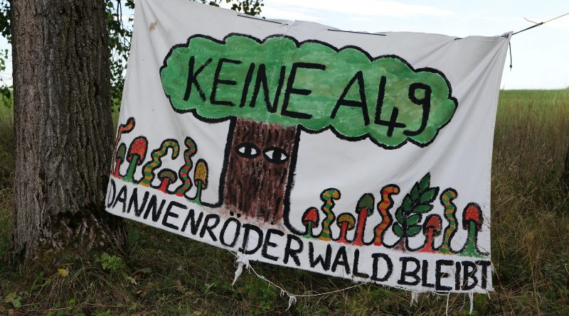 Demoplakat im Dannenröder Wald: "Keine A49 - Dannenröder Wald bleibt"
