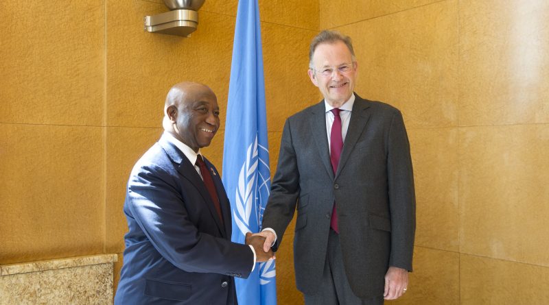 Boakai beim Handschlag mit einem UNO-Vertreter 2017.