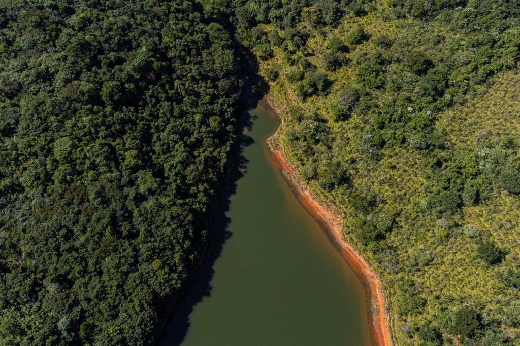 Blick auf den Amazonas Regenwald von oben. Links eine aufgeforstete Fläche, rechts eine abgeholzte.