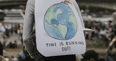 Person trägt Schild mit der Aufschrift "Time is running out" und einem Bild einer Erdkugel mit Zündschnur.