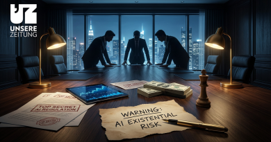 Dunkler Konferenzraum mit drei Geschäftsleuten im Hintergrund, auf Holztisch verstreut Dokumente zu KI-Regulierung, Geldscheine, Tablet mit Börsenkursen, Schachfigur und zerrissenes Warnschreiben